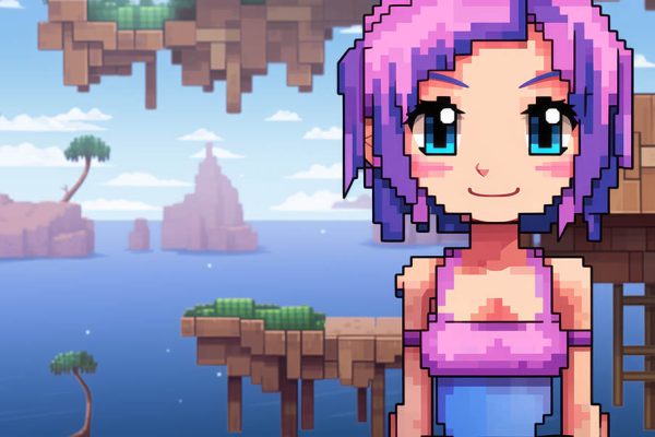 pixel art of a girl with purple hair standing in front of a house