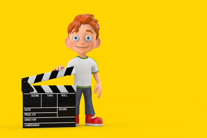 Cartoon Little Boy Teen Person Character Mascot with Movie Clapper Board on a yellow background. 3d Rendering