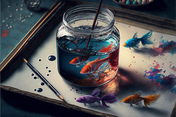 Developing imagination help enhance creativity, problem-solving abilities and cognitive functioning. Practice visualization, Visualization exercises. 3D drawing of fantasy fish. AI generative.