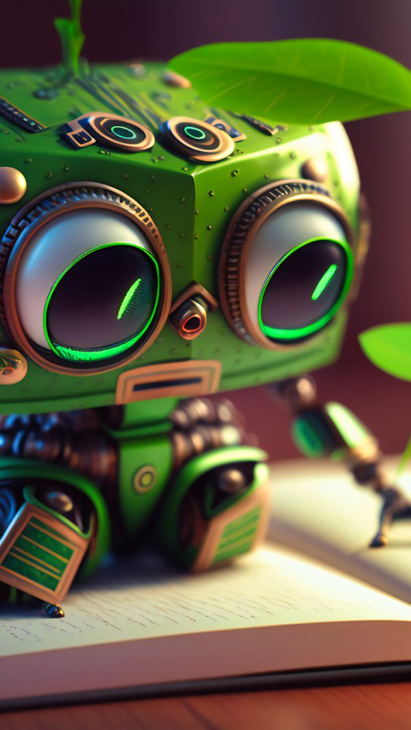 A charming AI robot with a green hue interacts with a notebook, exemplifying the adaptability and intelligence of modern robotics