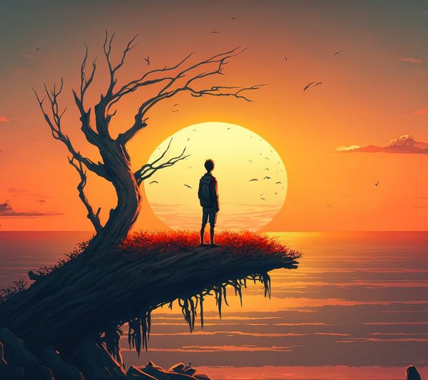 A man near a tree looks at the sunset. Man standing on a giant branch looking at sunset on the horizon. Digital art style , illustration painting .