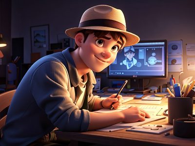 Young man in hat editing video 3d character illustration