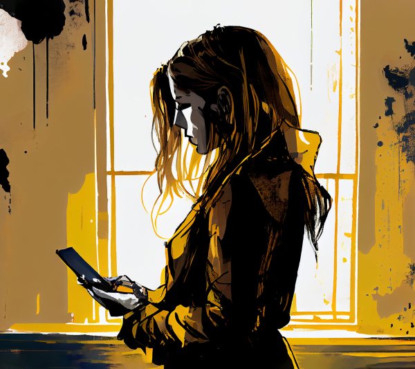 AI generated illustration of thoughtful young female with long dark hair messaging on mobile phone while standing near window