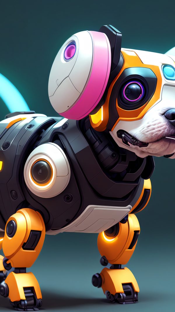 Robot dog. Cute robot doggie in bright colors. Concept of modern world, toy animal