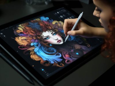 Close up of a Graphic Designer hand drawing on a digital tablet Generative AI.