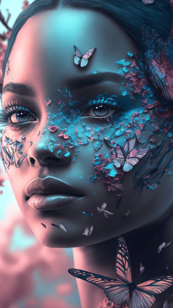 Magical fantasy forest princess design with springtime blossom flower bouquet hairstyle. Pink and teal makeup in fairytale design as pagan spirit of the forest. Superb Generative AI