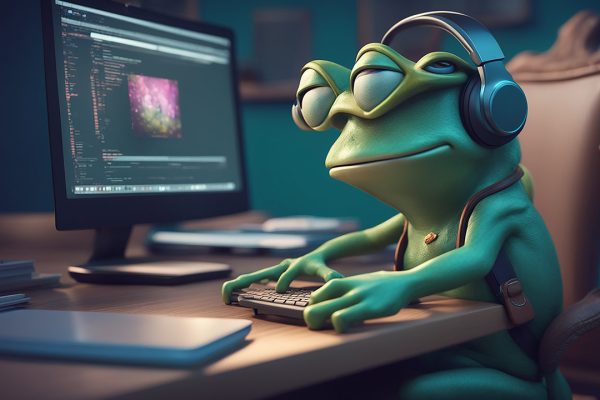 3D illustration of Funny frog work hard at office with computer. Green Frog in headphones sitting at the desk in front of laptop with paws on keyboard disney style light deep blue background